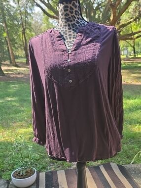 Democracy Plum Button-Front Long Sleeve V-Neck Top